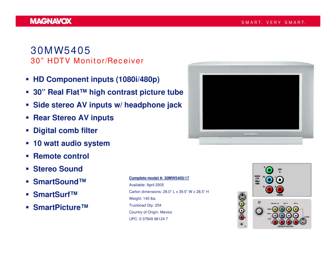 Magnavox 30MW5417 dimensions 30MW5405, Hdtv Monitor/Receiver 