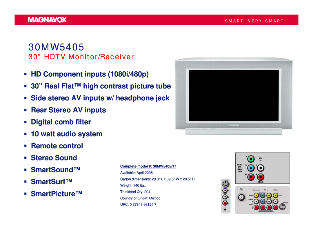 Magnavox 30MW5417 dimensions 30MW5405, 30” HDTV Monitor/Receiver, ƒ HD Component inputs 1080i/480p 