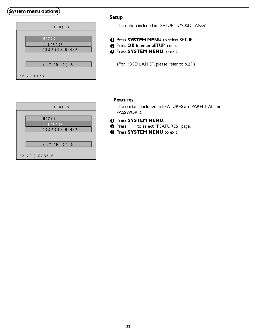 Magnavox 32MD251D, 26MD25ID, 32MD25ID user manual System menu options, Setup, Features 