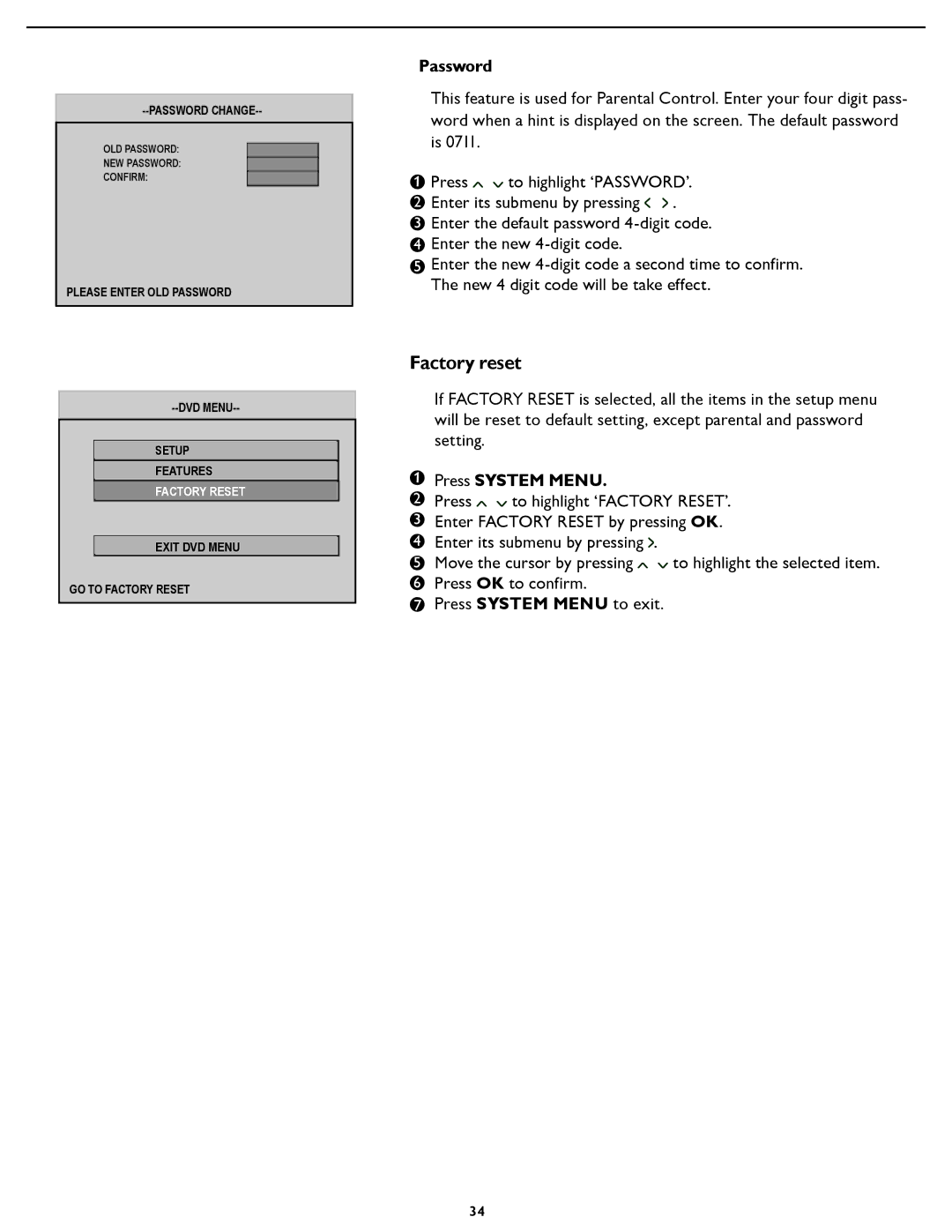 Magnavox 32MD251D, 26MD25ID, 32MD25ID user manual Factory reset, Password 