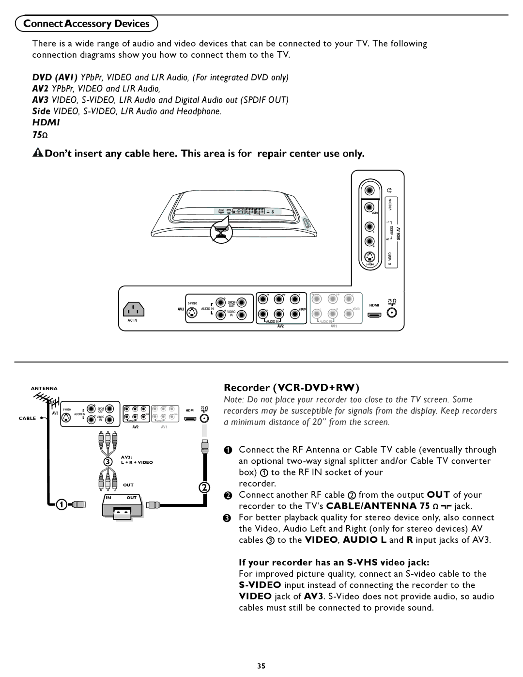 Magnavox 26MD25ID, 32MD25ID Connect Accessory Devices, Recorder VCR-DVD+RW, If your recorder has an S-VHS video jack 