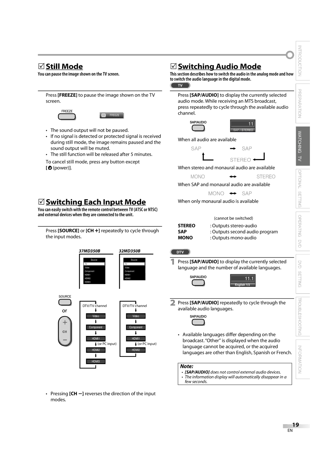 Magnavox 32MD350B user manual  Still Mode,  Switching Each Input Mode, Switching Audio Mode 