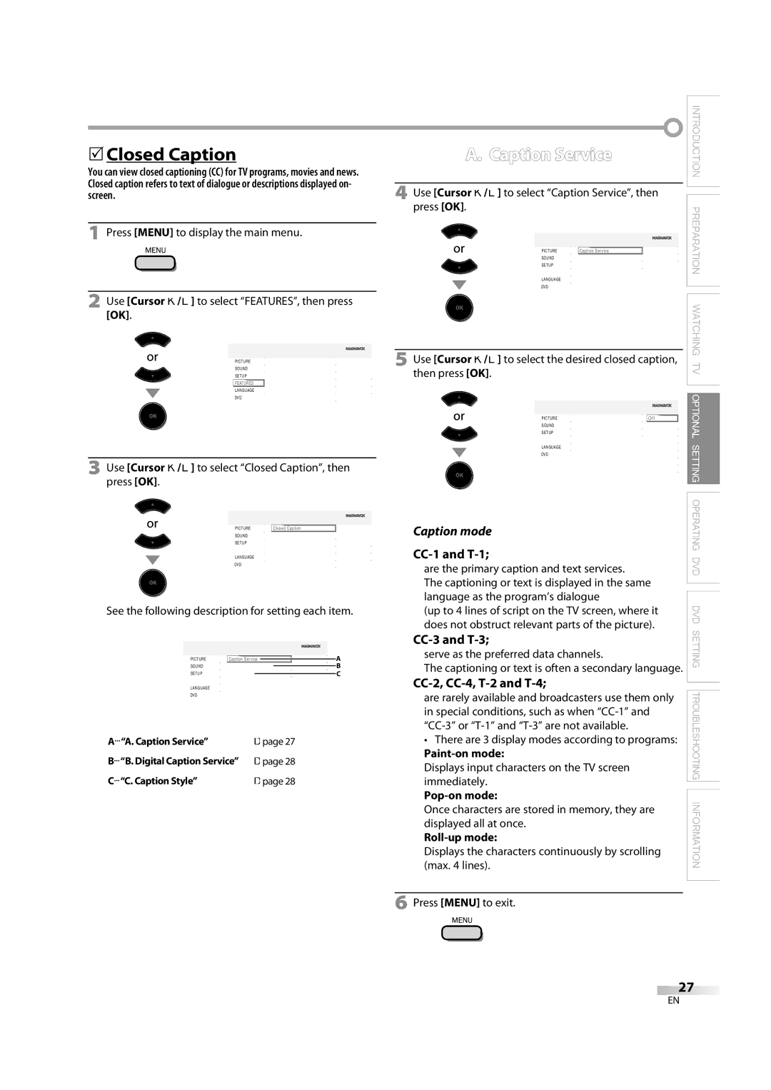 Magnavox 32MD350B user manual  Closed Caption, Caption Service, Caption mode 