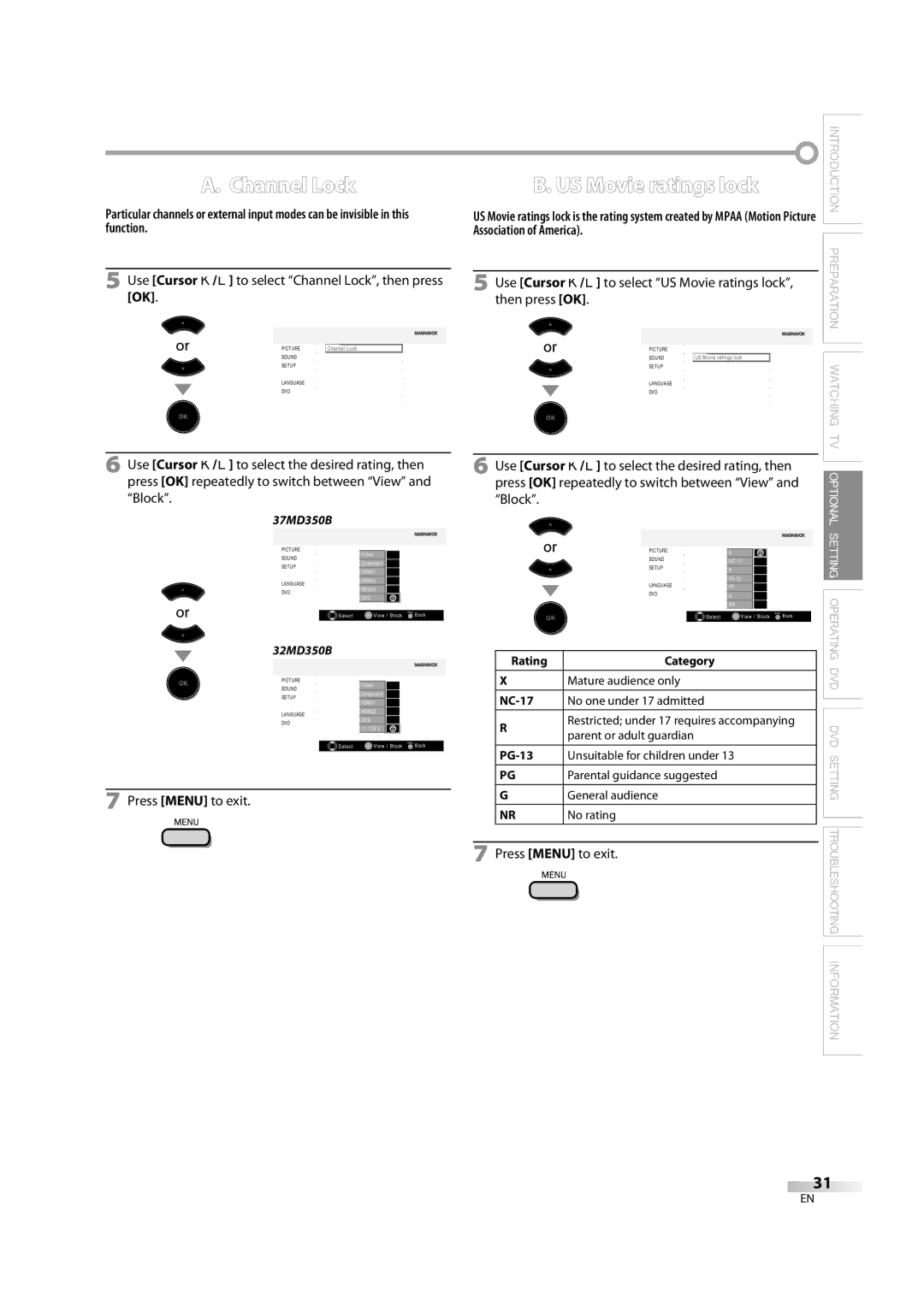 Magnavox 32MD350B user manual Channel Lock, US Movie ratings lock, Association of America 