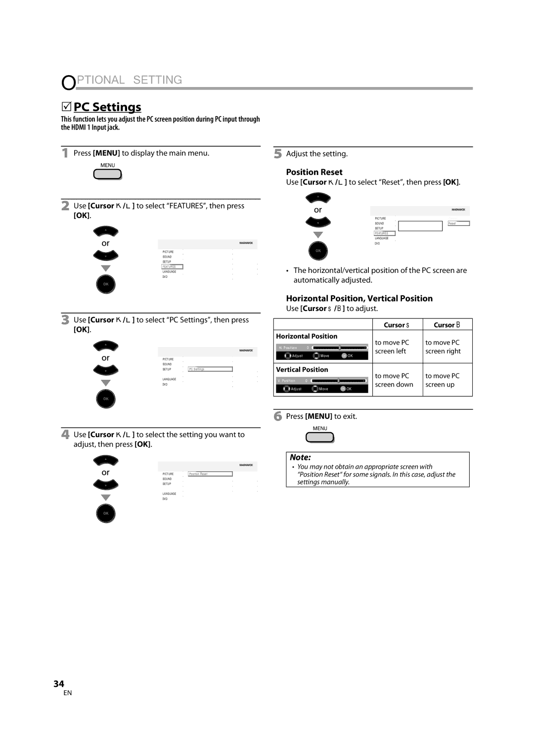 Magnavox 32MD350B  PC Settings, Position Reset, Horizontal Position, Vertical Position, Use Cursor s/B to adjust 