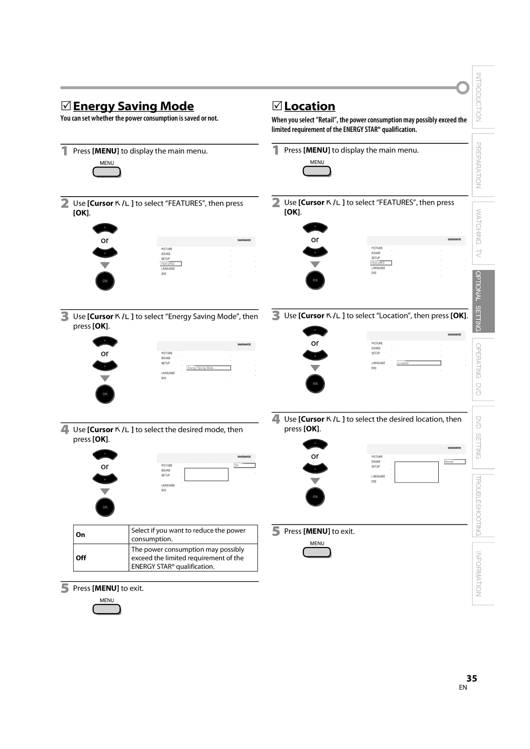 Magnavox 32MD350B user manual  Energy Saving Mode, Location, Use Cursor K/L to select Energy Saving Mode, then press OK 