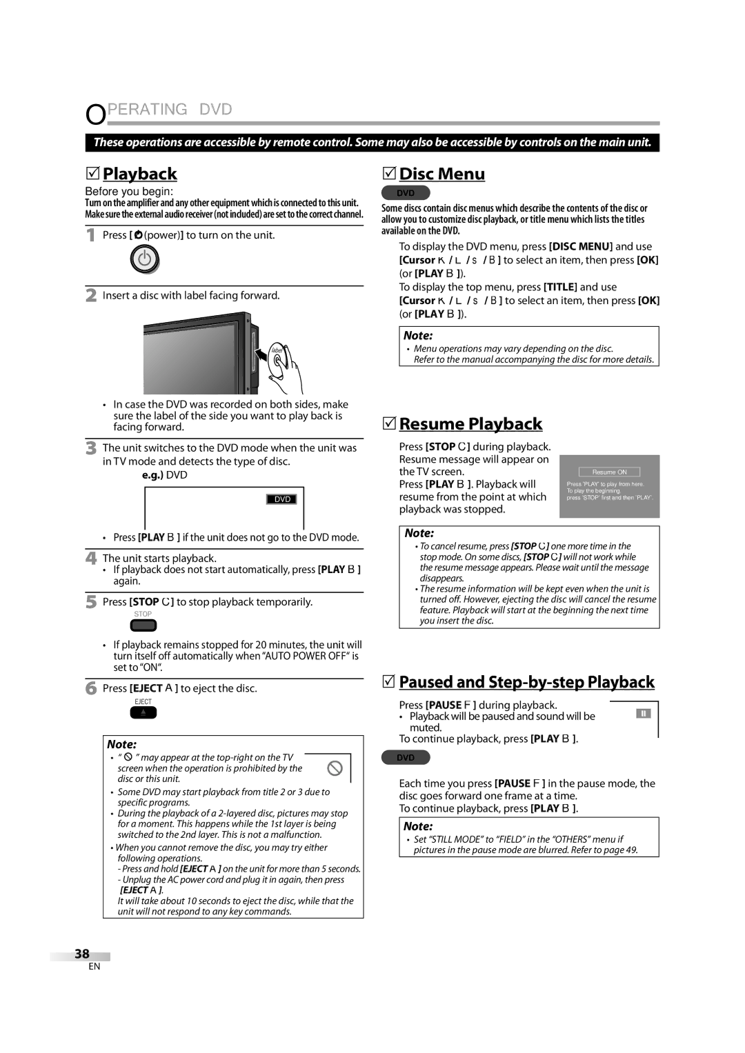 Magnavox 32MD350B user manual Operating DVD,  Playback,  Disc Menu,  Resume Playback, Dvd 