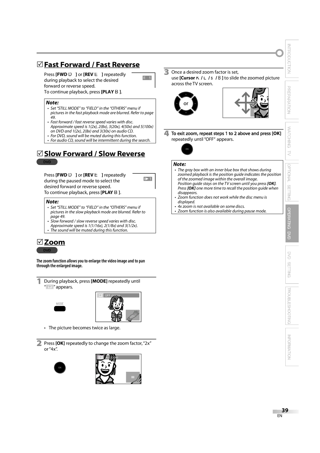 Magnavox 32MD350B  Fast Forward / Fast Reverse,  Slow Forward / Slow Reverse,  Zoom, Repeatedly until OFF appears 