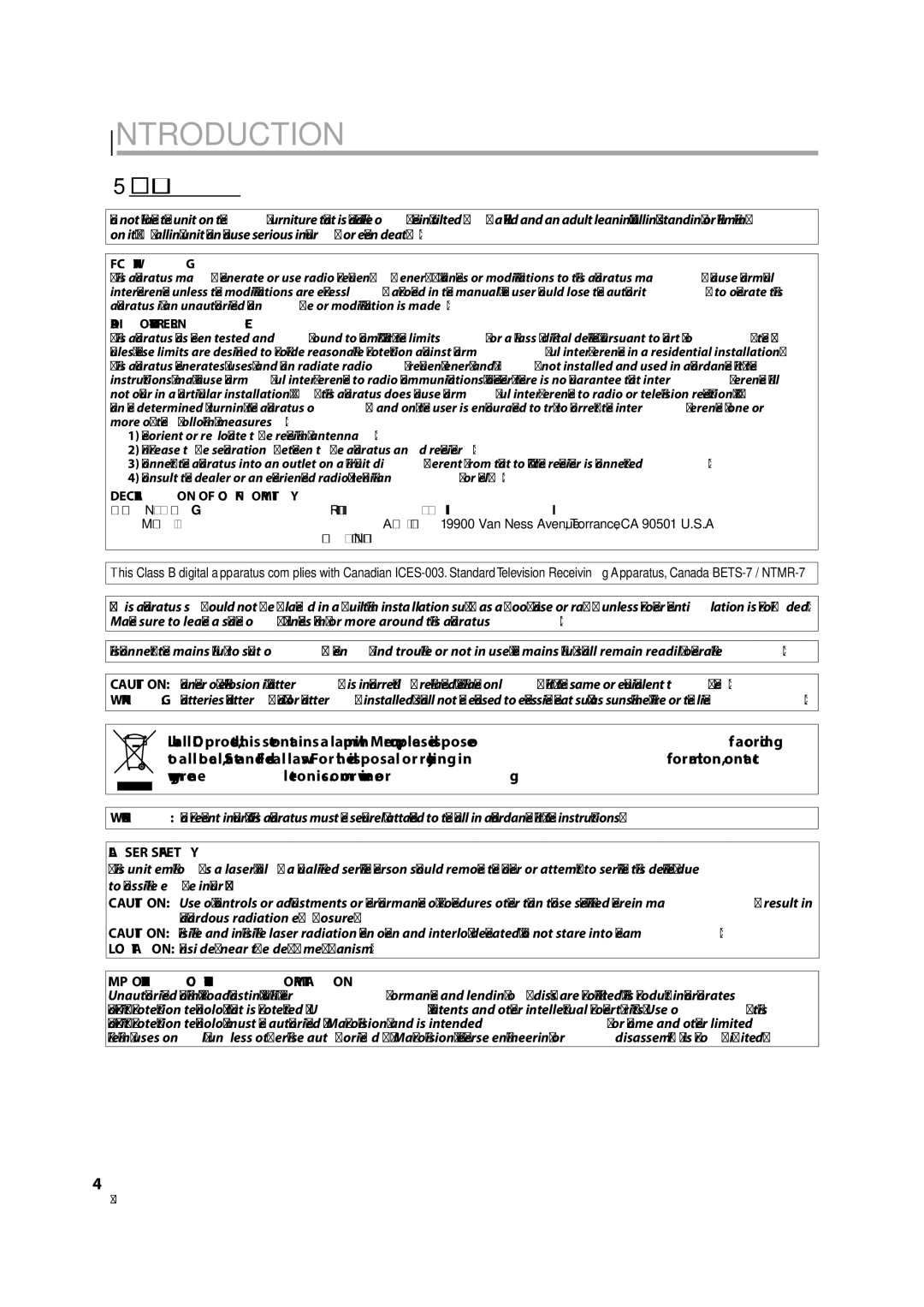 Magnavox 32MD350B user manual Introduction,  Precaution, Laser Safety, Important Copyright Information 