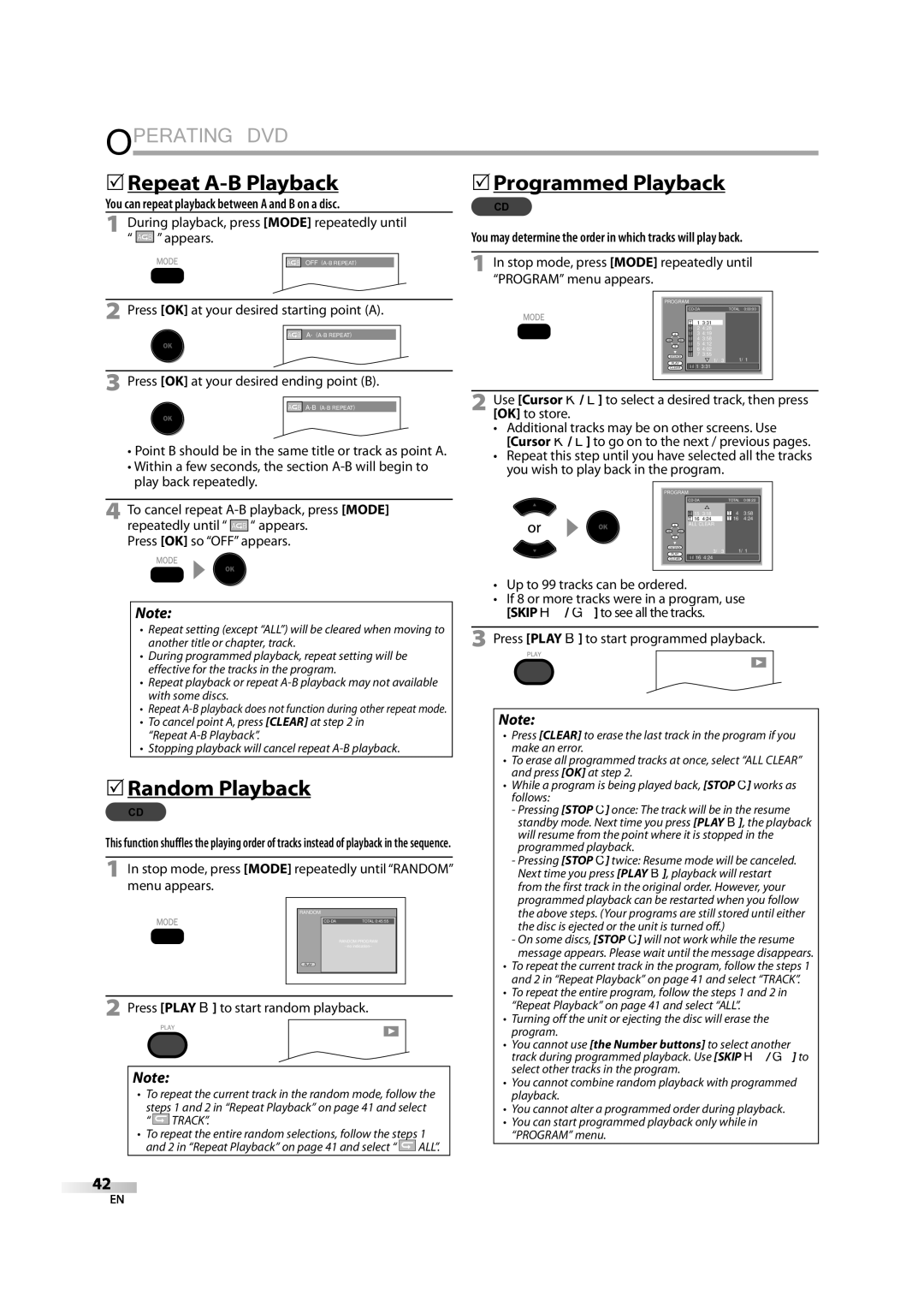 Magnavox 32MD350B user manual Repeat A-B Playback Programmed Playback,  Random Playback 