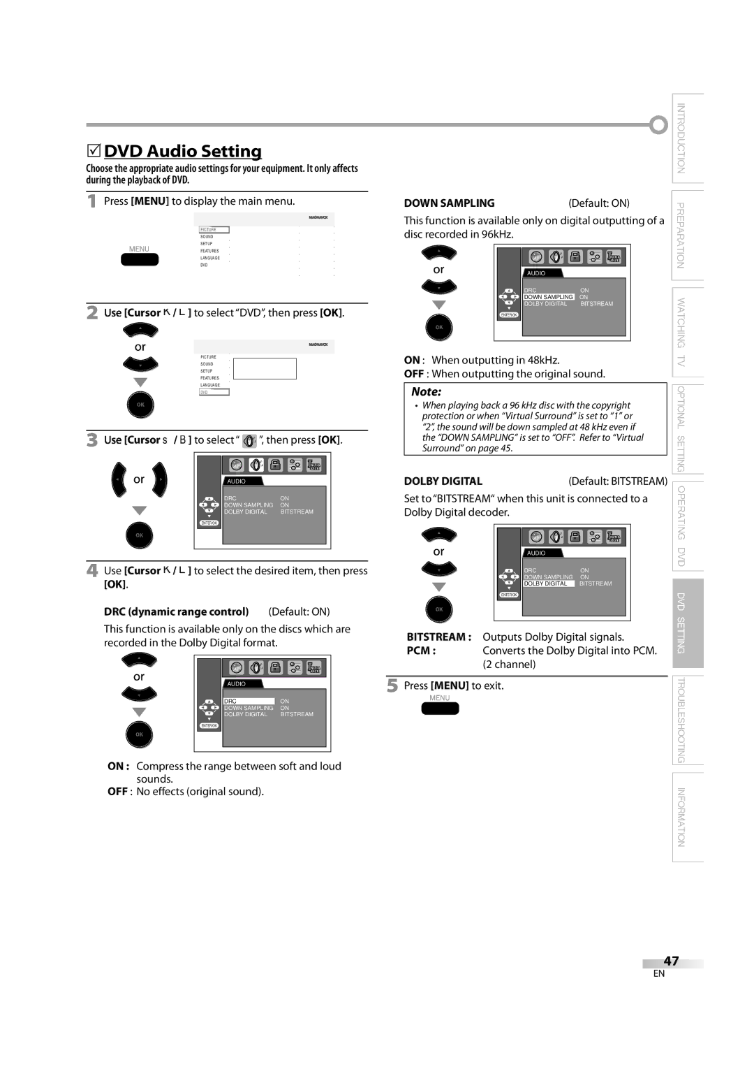 Magnavox 32MD350B user manual  DVD Audio Setting, Cursor K/ L to select DVD, then press OK, Default on 