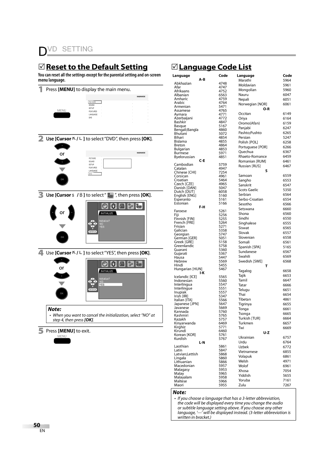 Magnavox 32MD350B  Reset to the Default Setting  Language Code List, Use Cursor K/ L to select YES, then press OK 