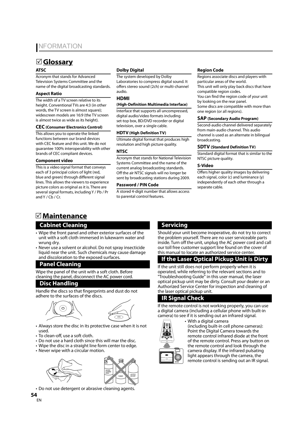 Magnavox 32MD350B user manual Information,  Glossary,  Maintenance, Ntsc 