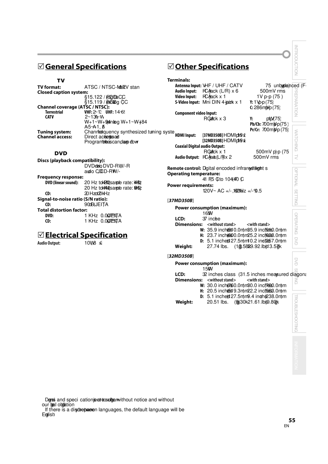 Magnavox 32MD350B user manual  General Specifications,  Electrical Specification,  Other Specifications, Catv, Lcd 