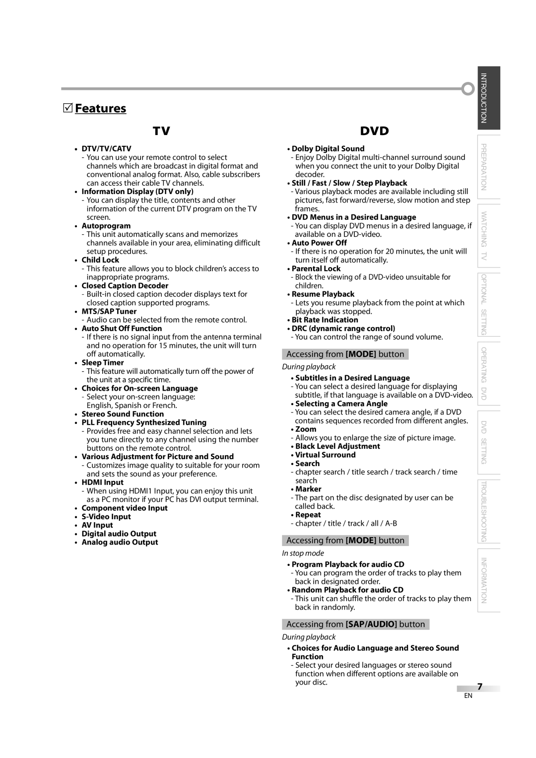 Magnavox 32MD350B user manual  Features, Dtv/Tv/Catv 