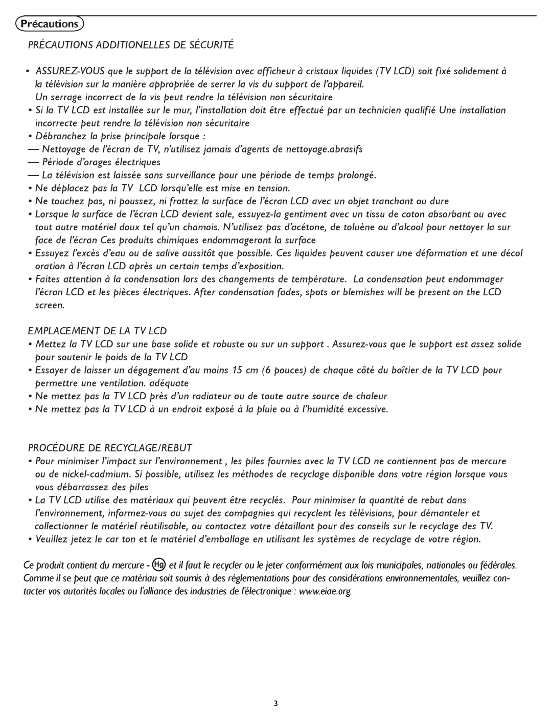 Magnavox 32MD357B, 26md357b user manual Précautions Additionelles DE Sécurité 