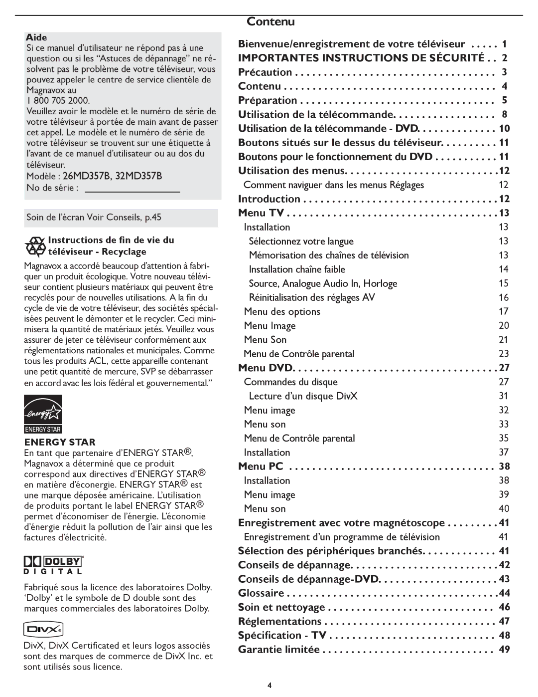 Magnavox 26md357b, 32MD357B user manual Introduction Menu TV, Menu DVD, Menu PC, Enregistrement avec votre magnétoscope 