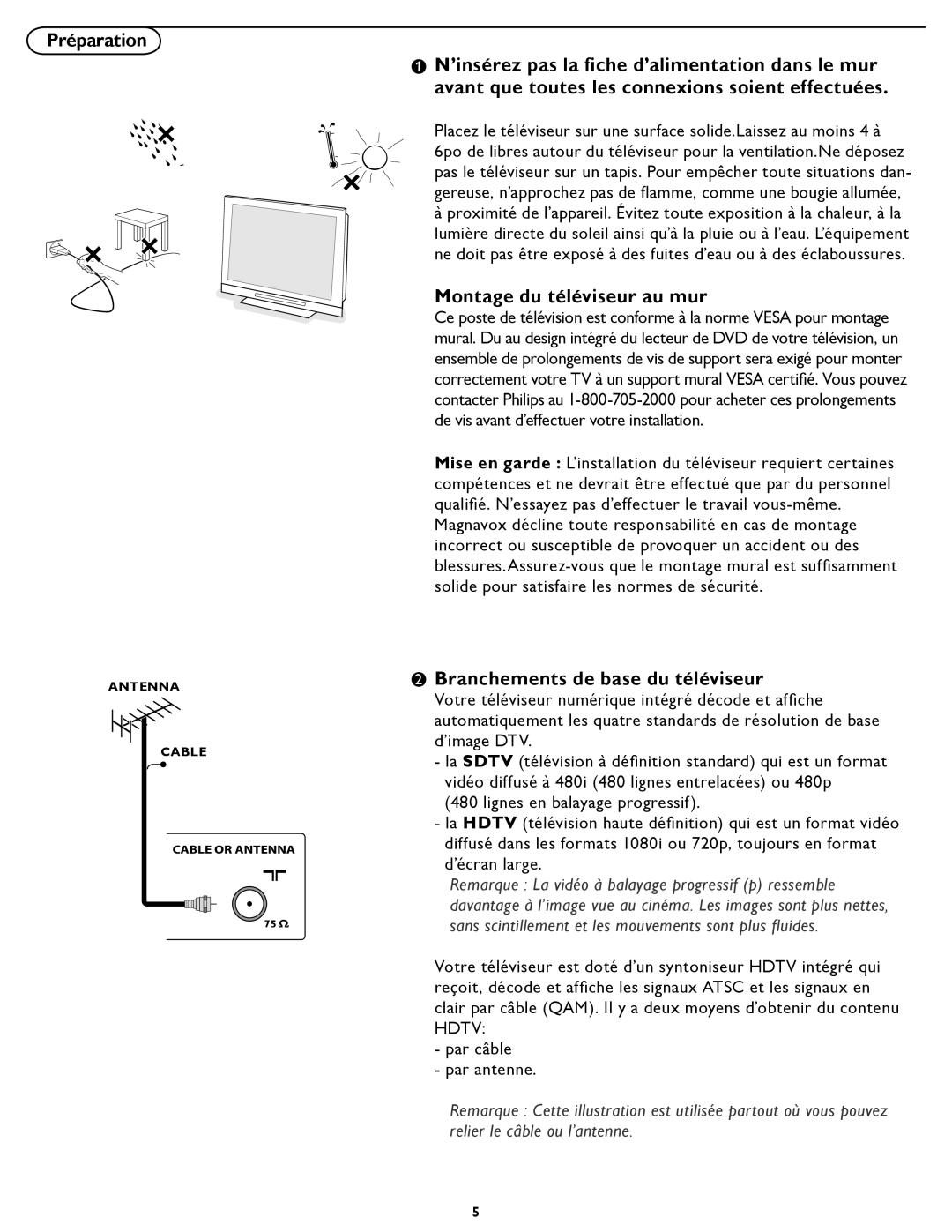 Magnavox 32MD357B, 26md357b user manual Préparation, Montage du téléviseur au mur, Branchements de base du téléviseur 