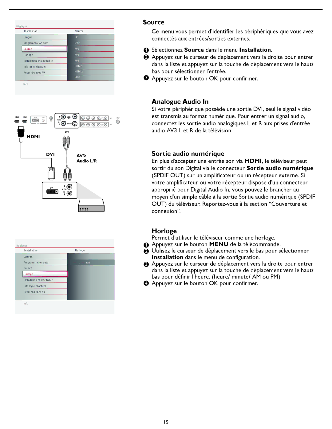 Magnavox 32MD357B, 26md357b user manual Source, Analogue Audio, Sortie audio numérique, Horloge 