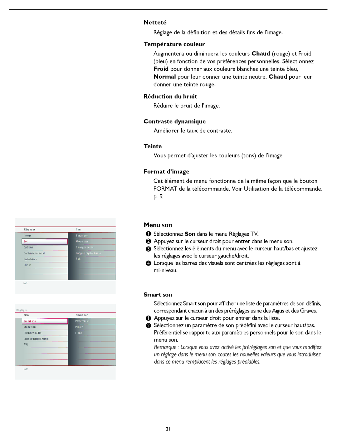 Magnavox 32MD357B, 26md357b user manual Menu son 