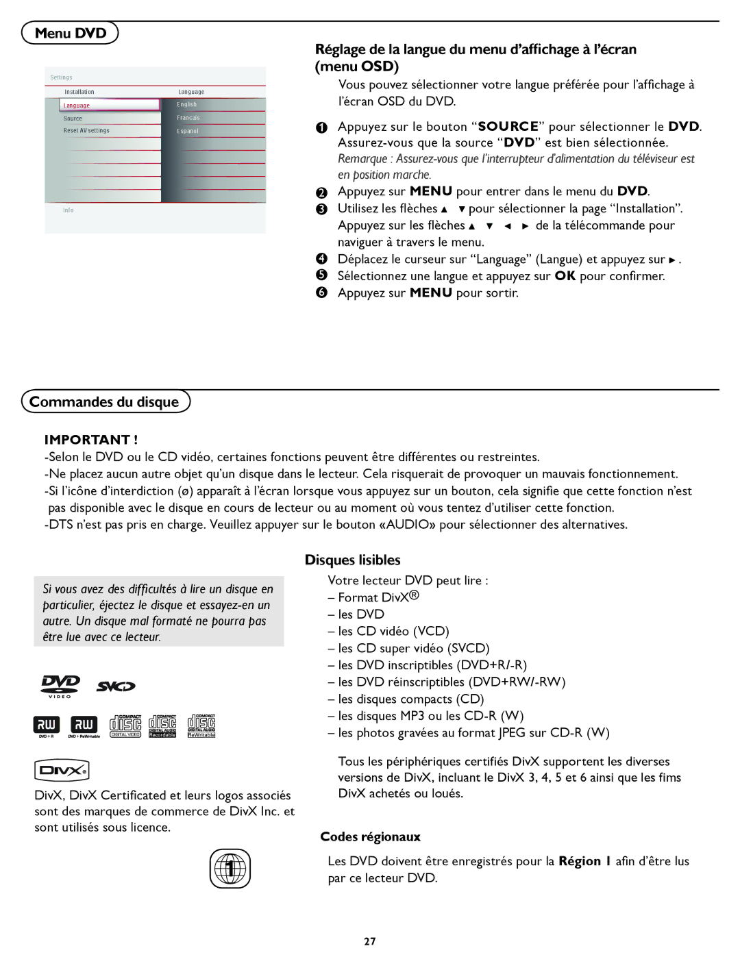 Magnavox 32MD357B Réglage de la langue du menu d’afﬁchage à l’écran menu OSD, Commandes du disque, Disques lisibles 