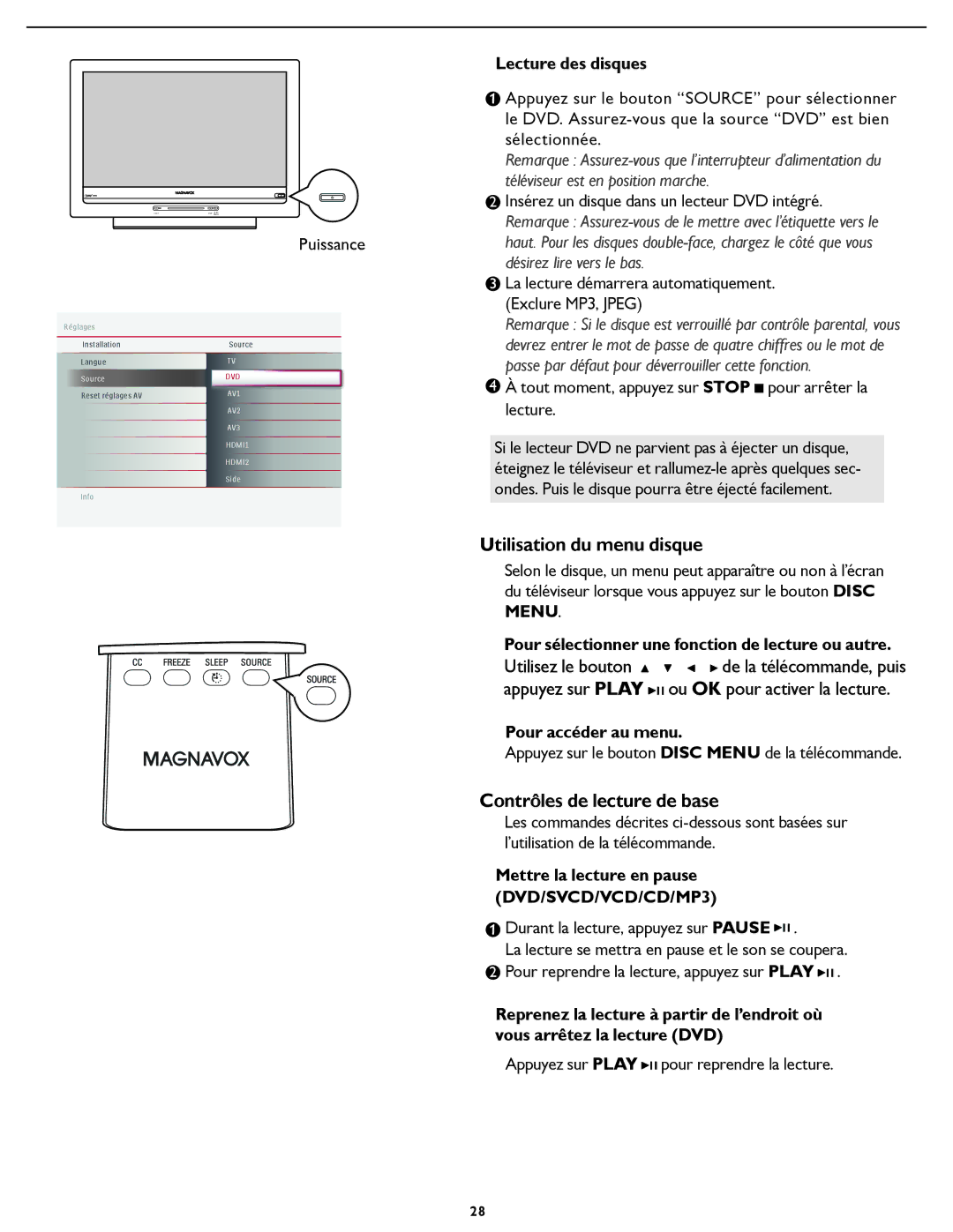 Magnavox 26md357b, 32MD357B user manual Utilisation du menu disque, Contrôles de lecture de base, Pour accéder au menu 