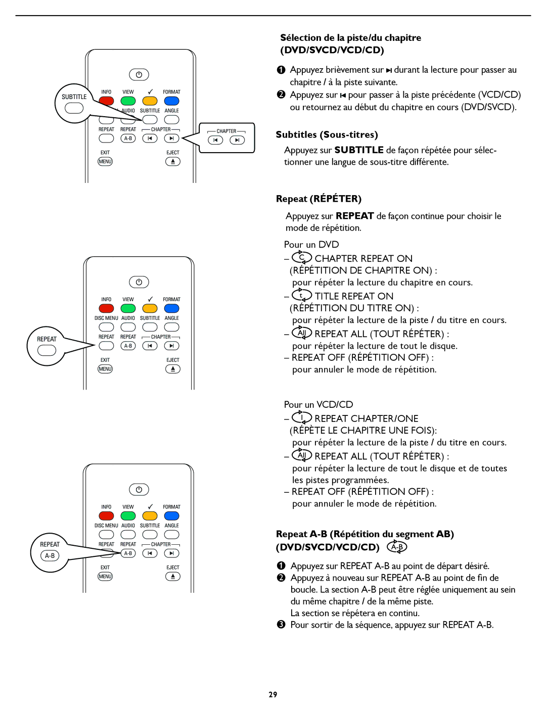 Magnavox 32MD357B, 26md357b user manual Subtitles Sous-titres, Repeat A-B Répétition du segment AB DVD/SVCD/VCD/CD 