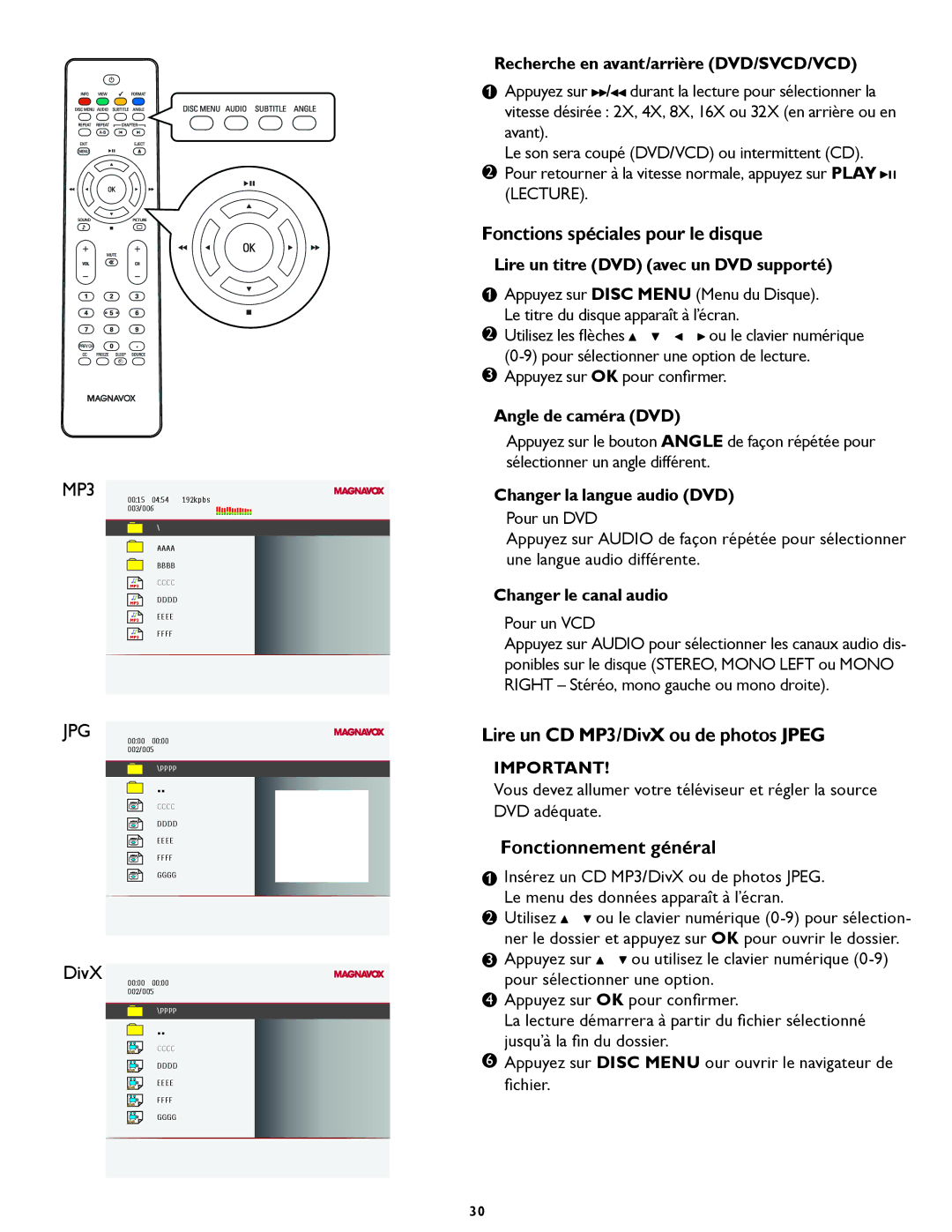 Magnavox 26md357b Fonctions spéciales pour le disque, Lire un CD MP3/DivX ou de photos Jpeg, Fonctionnement général 