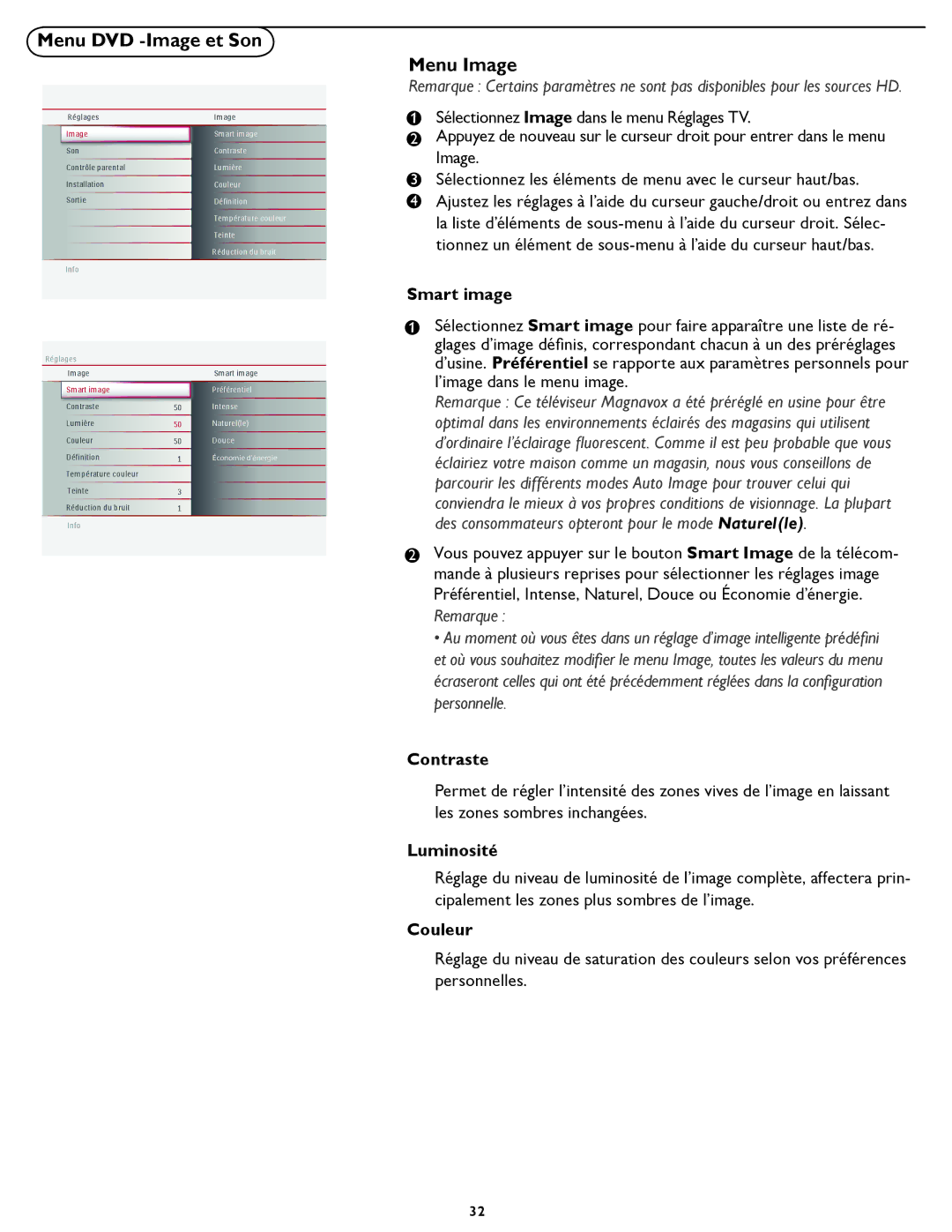 Magnavox 26md357b, 32MD357B user manual Menu DVD -Image et Son, Menu Image 