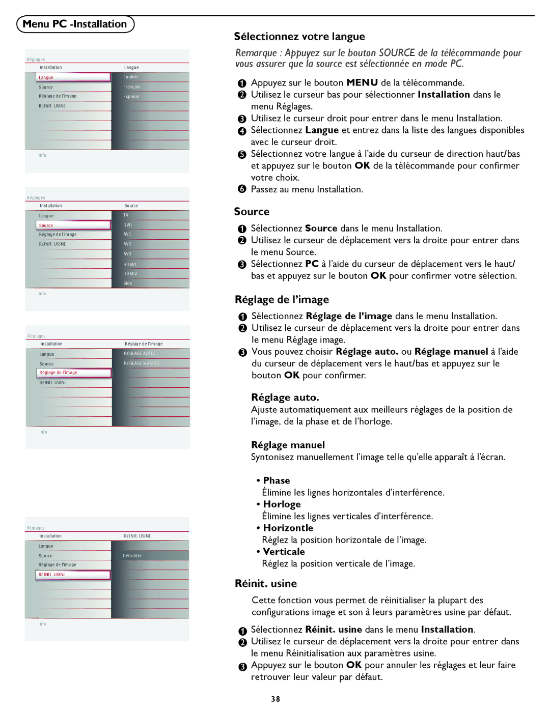 Magnavox 26md357b, 32MD357B user manual Menu PC -Installation Sélectionnez votre langue, Réglage de l’image, Réinit. usine 