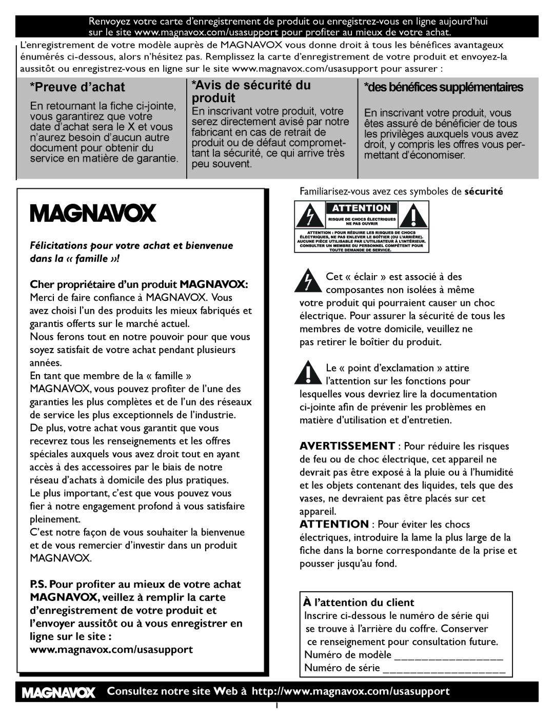 Magnavox 32MD357B, 26md357b user manual Preuve d’achat, ’attention du client 