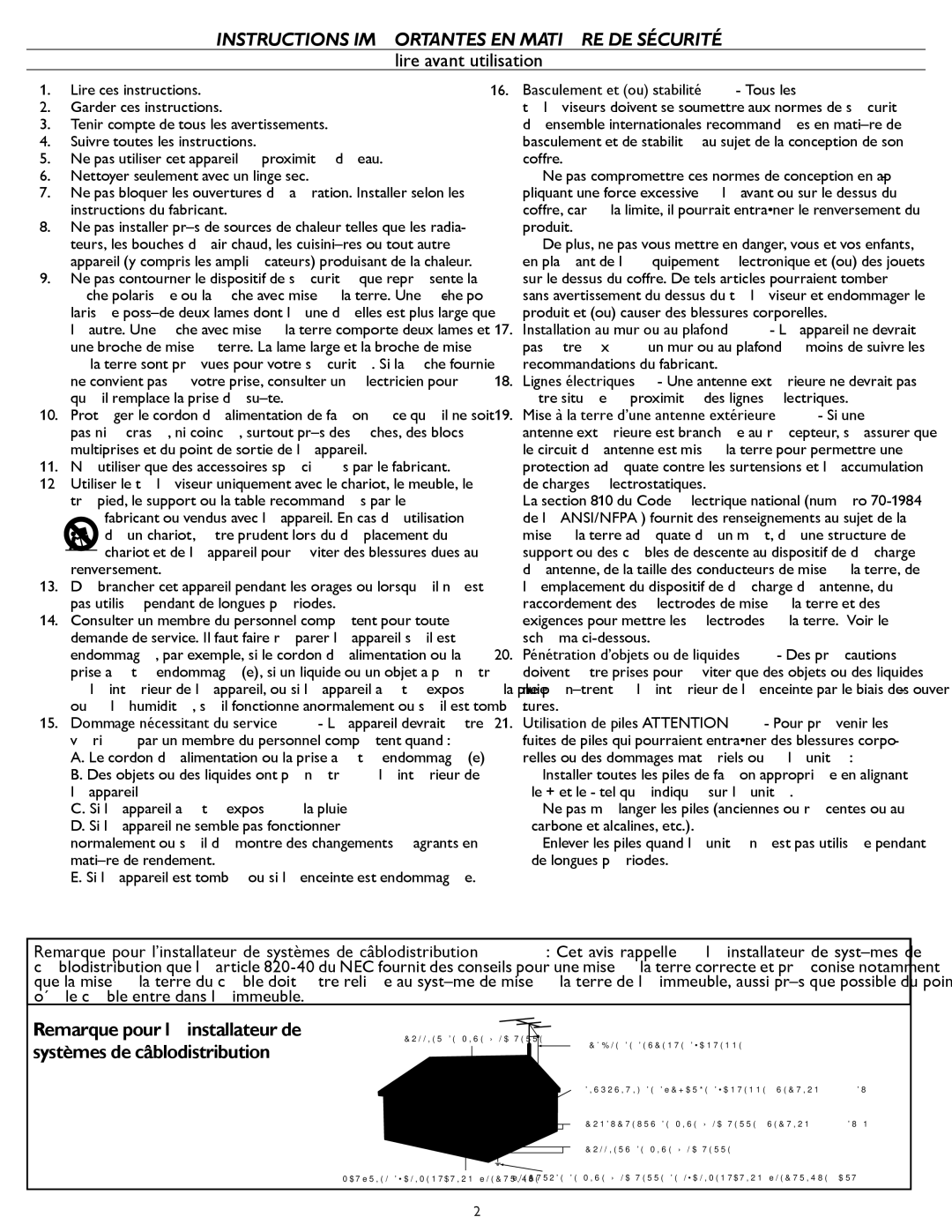 Magnavox 26md357b, 32MD357B user manual Basculement et ou stabilité Tous les 