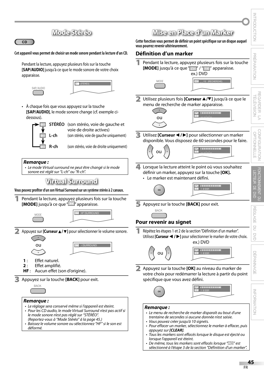 Magnavox 32MD359B Mode Stéréo, Mise en Place d’un Marker, Le réglage sera conservé même si l’appareil est éteint 