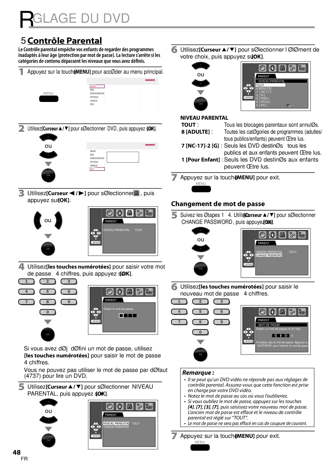 Magnavox 32MD359B user manual 5Contrôle Parental, Si vous avez déjà défini un mot de passe, utilisez, Niveau Parental 