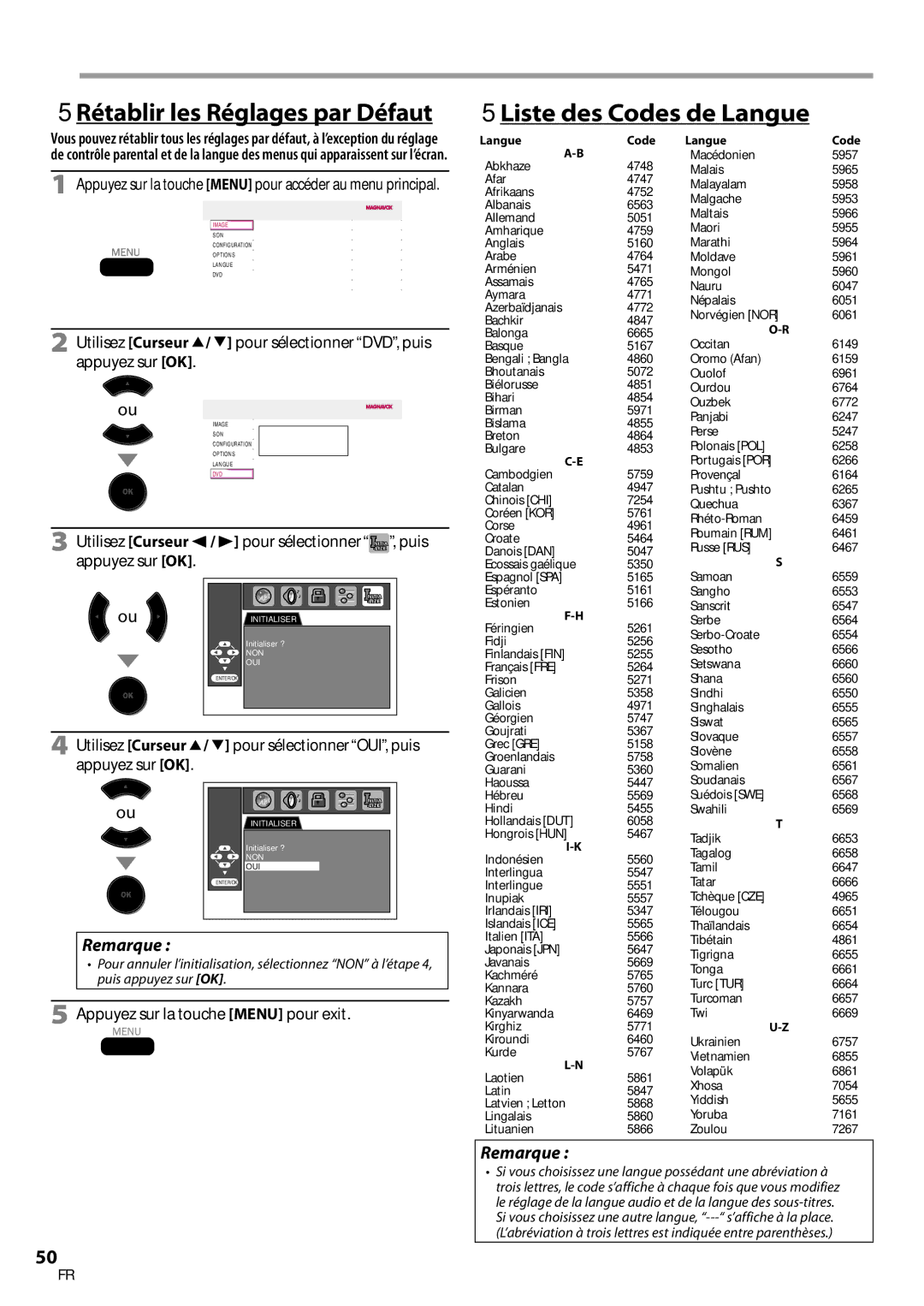 Magnavox 32MD359B user manual 5Liste des Codes de Langue, Appuyez sur la touche Menu pour accéder au menu principal 