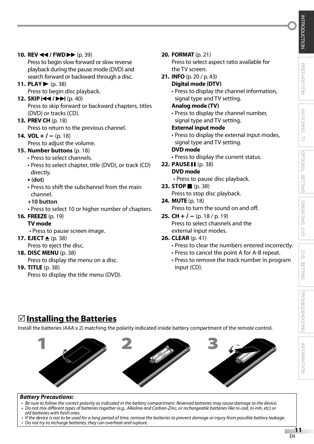 Magnavox 32MD359B user manual 5Installing the Batteries, Battery Precautions 