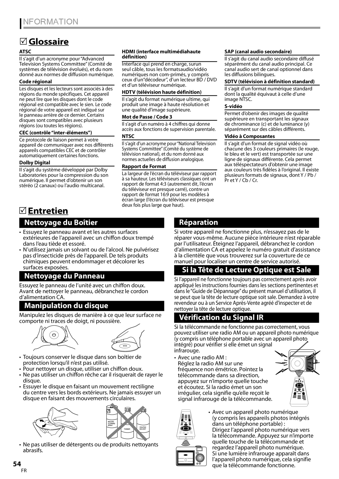 Magnavox 32MD359B user manual Glossaire, Entretien, Infrarouge, Avec un appareil photo numérique 