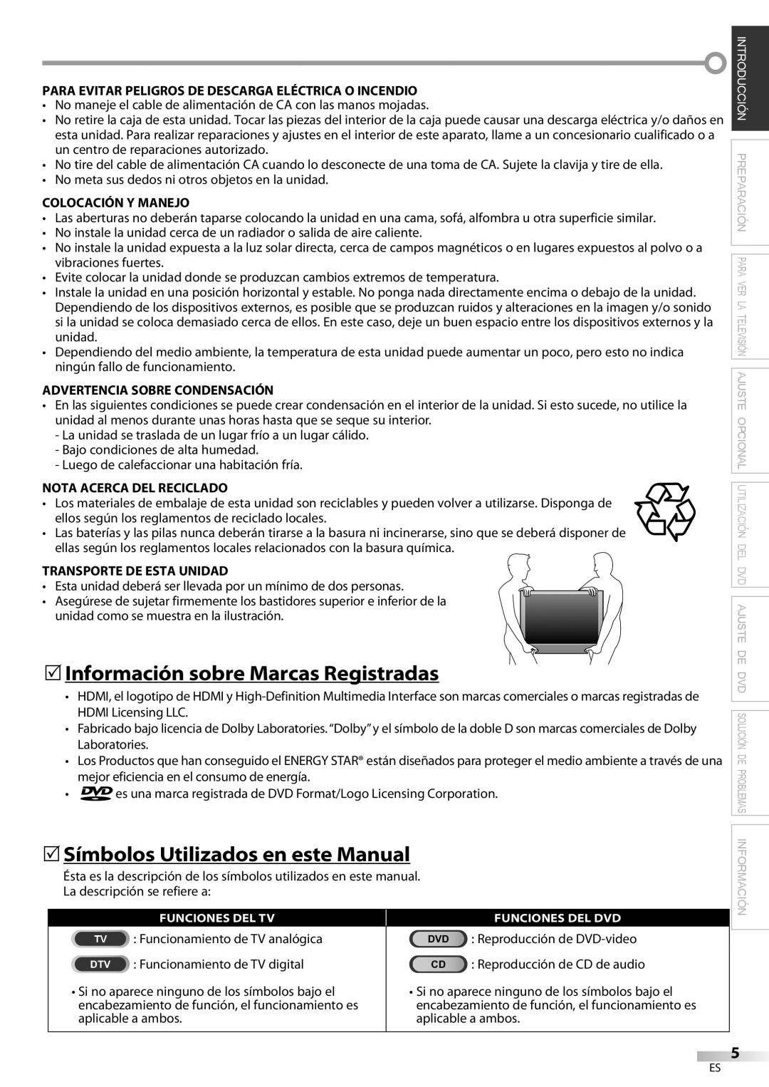 Magnavox 32MD359B user manual 5Información sobre Marcas Registradas, 5Símbolos Utilizados en este Manual 