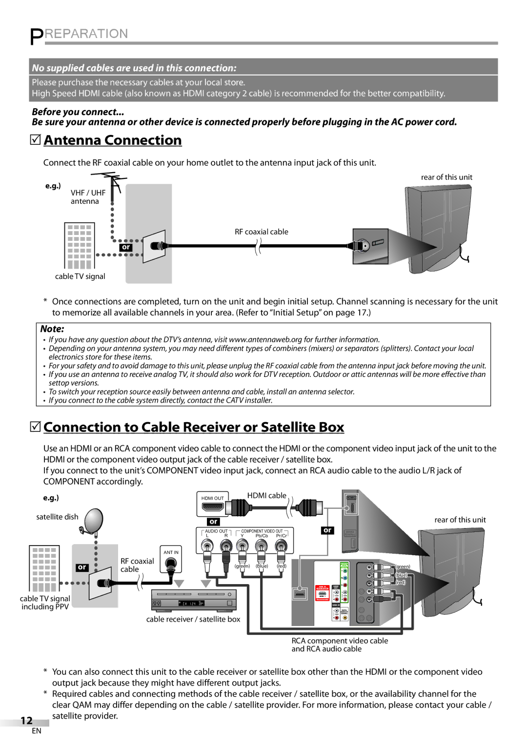 Magnavox 32MD359B user manual Preparation, 5Antenna Connection, 5Connection to Cable Receiver or Satellite Box 