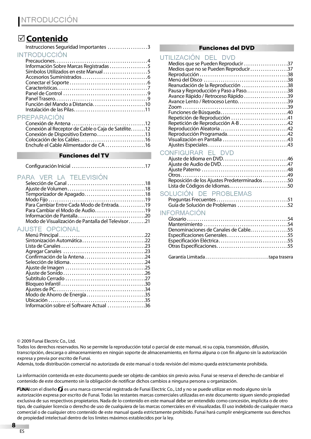 Magnavox 32MD359B user manual Contenido, Funciones del TV, Funciones del DVD 