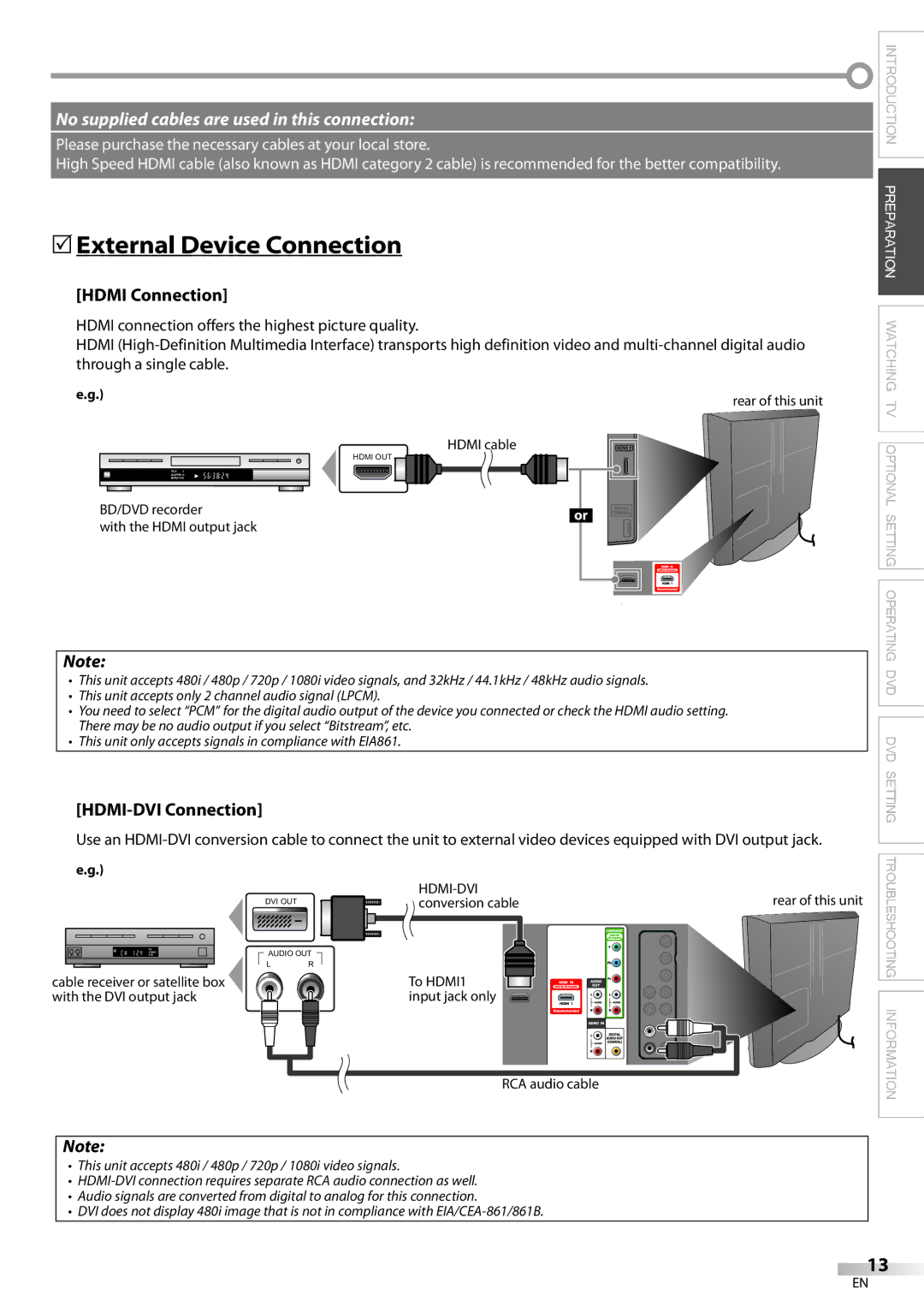 Magnavox 32MD359B user manual 5External Device Connection, Hdmi Connection, HDMI-DVI Connection, Conversion cable 