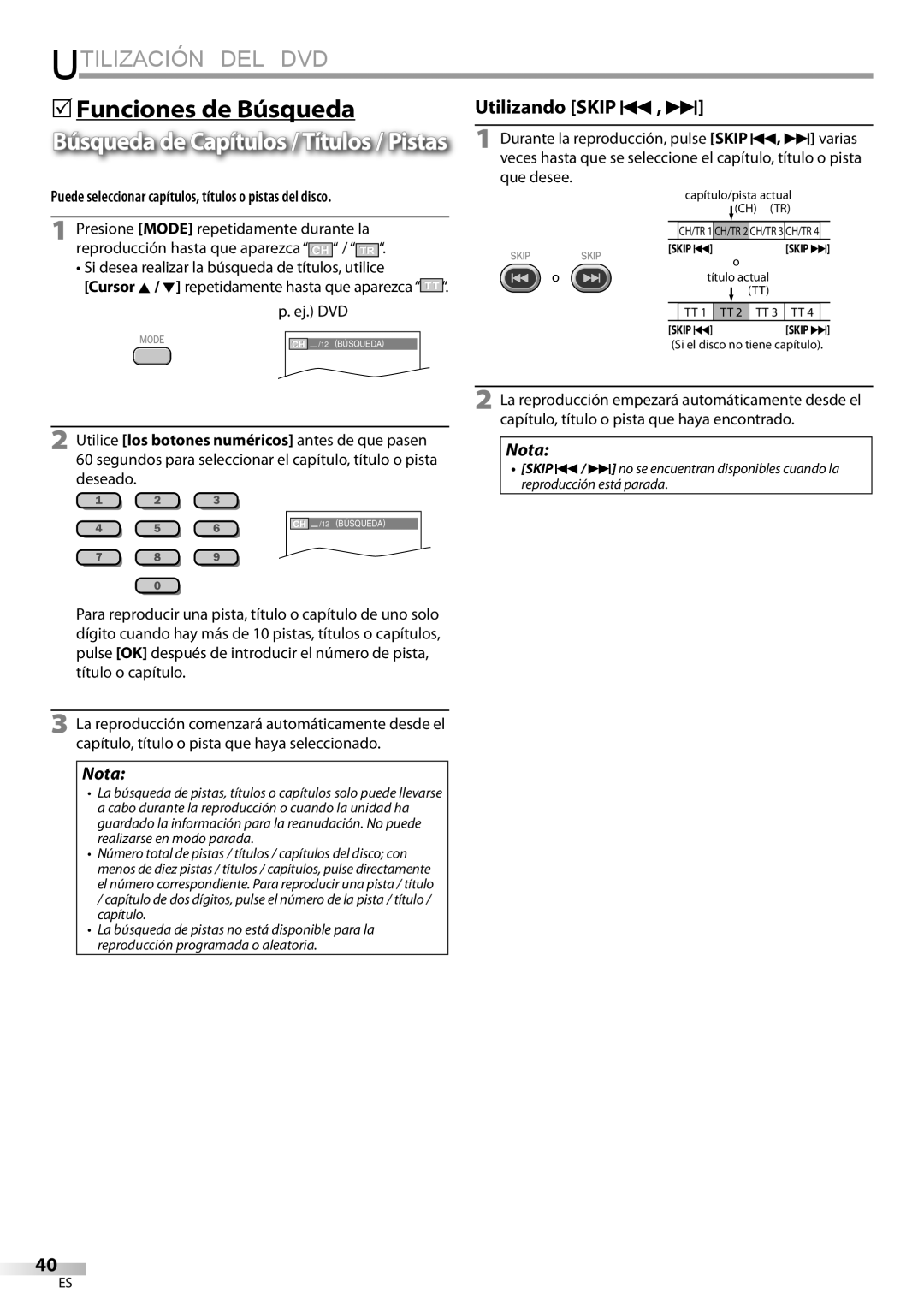 Magnavox 32MD359B user manual 5Funciones de Búsqueda, Puede seleccionar capítulos, títulos o pistas del disco 