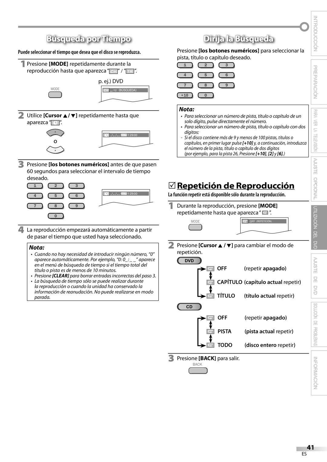 Magnavox 32MD359B user manual Búsqueda por Tiempo, Dirija la Búsqueda, 5Repetición de Reproducción 