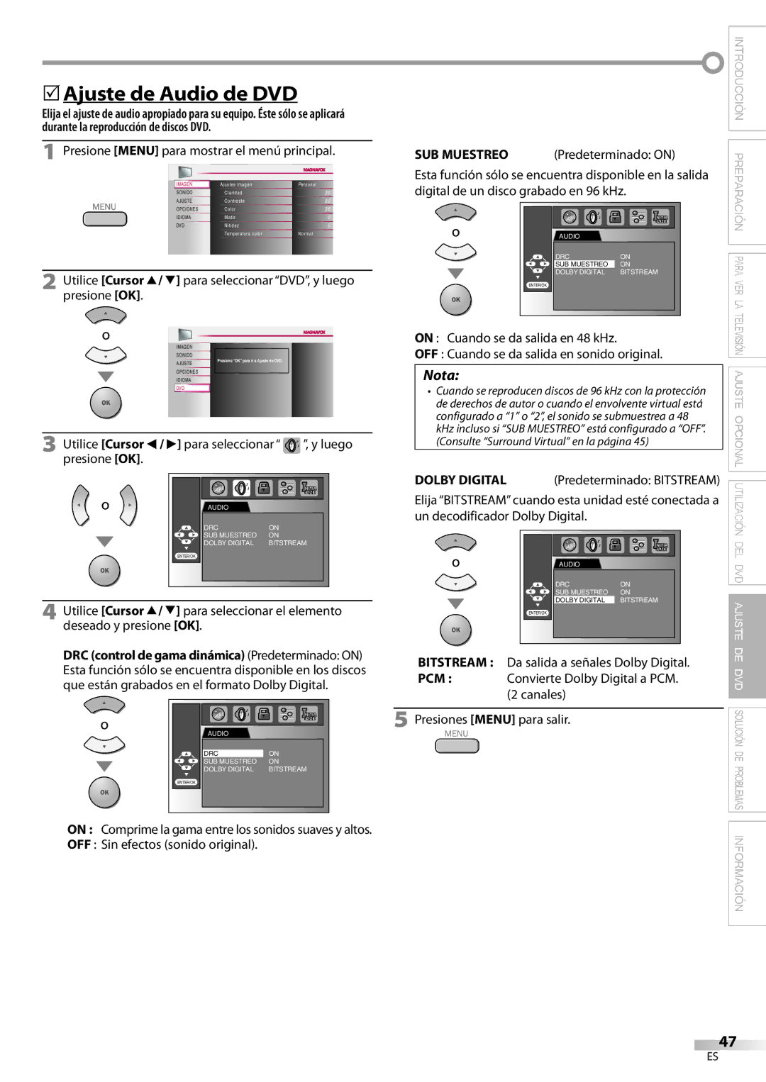 Magnavox 32MD359B user manual 5Ajuste de Audio de DVD, On Comprime la gama entre los sonidos suaves y altos 