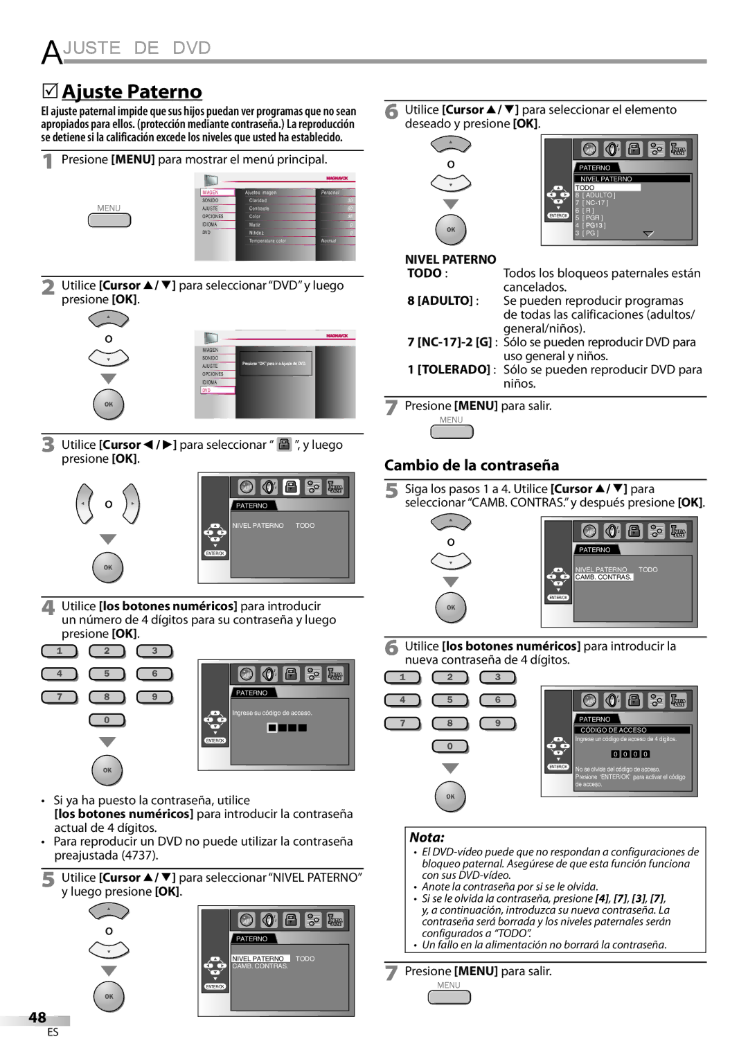 Magnavox 32MD359B user manual 5Ajuste Paterno, Si ya ha puesto la contraseña, utilice, Nivel Paterno 