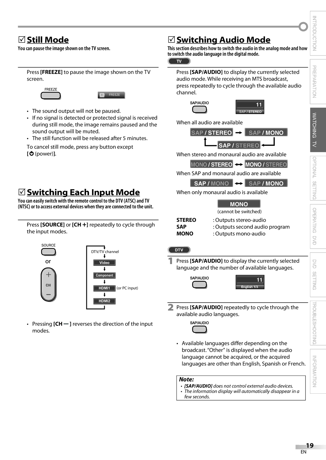 Magnavox 32MD359B user manual 5Still Mode, 5Switching Each Input Mode, 5Switching Audio Mode 