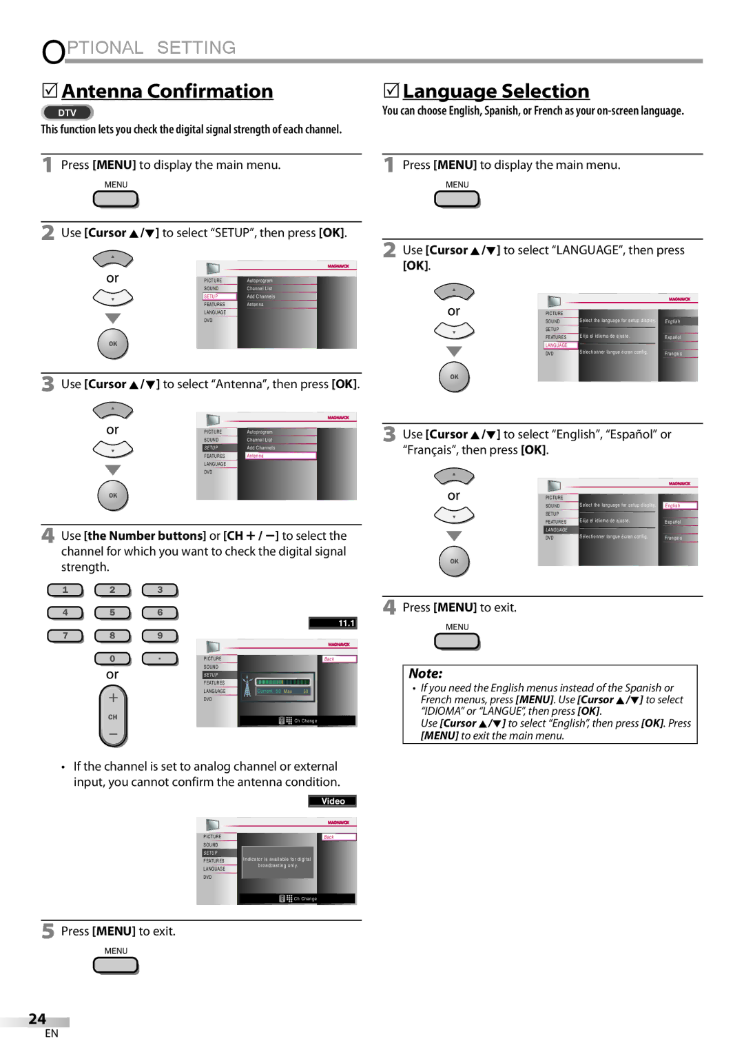 Magnavox 32MD359B user manual 5Antenna Confirmation, 5Language Selection, Use Cursor K/L to select Antenna, then press OK 