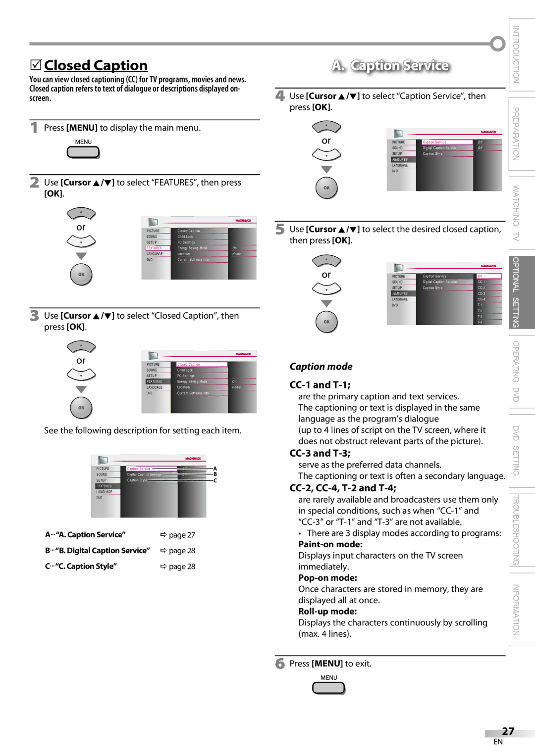 Magnavox 32MD359B user manual 5Closed Caption, Caption Service, Caption mode 
