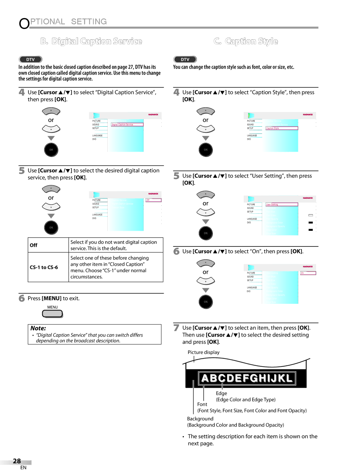 Magnavox 32MD359B user manual To select Digital Caption Service, Use Cursor K/L to select On, then press OK 