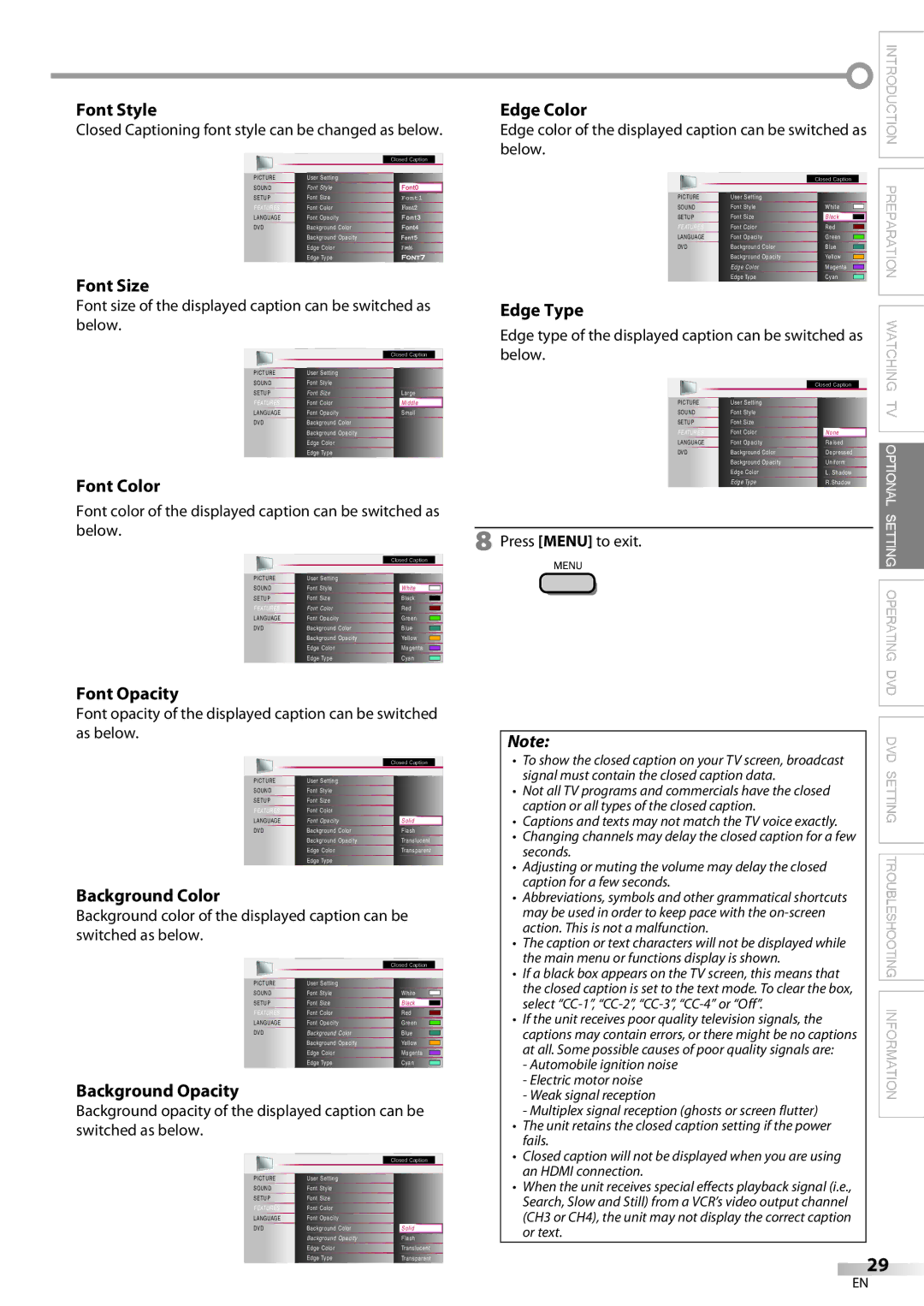 Magnavox 32MD359B Font Style, Font Size, Font Color, Font Opacity, Background Color, Background Opacity, Edge Color 